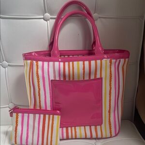 Luz Claiborne Pink Striped Tote Bag with Pouch